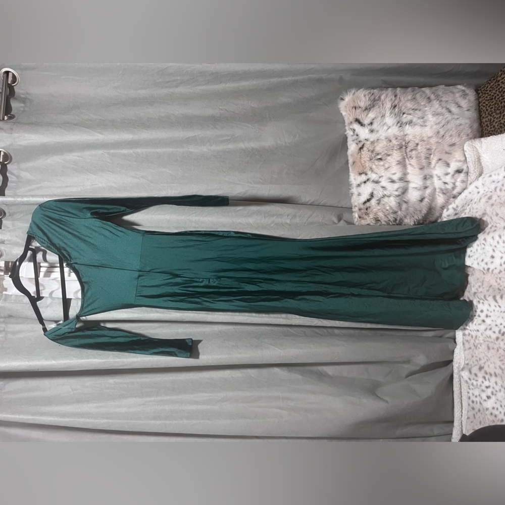 Green asymmetrical satin dress brand new with tags a slit down the leg XS